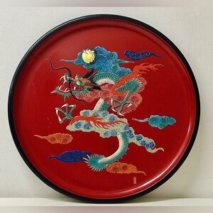 Vintage Red Black Dragon Design Japanese Ryukyuan Laquereware Serving Tray